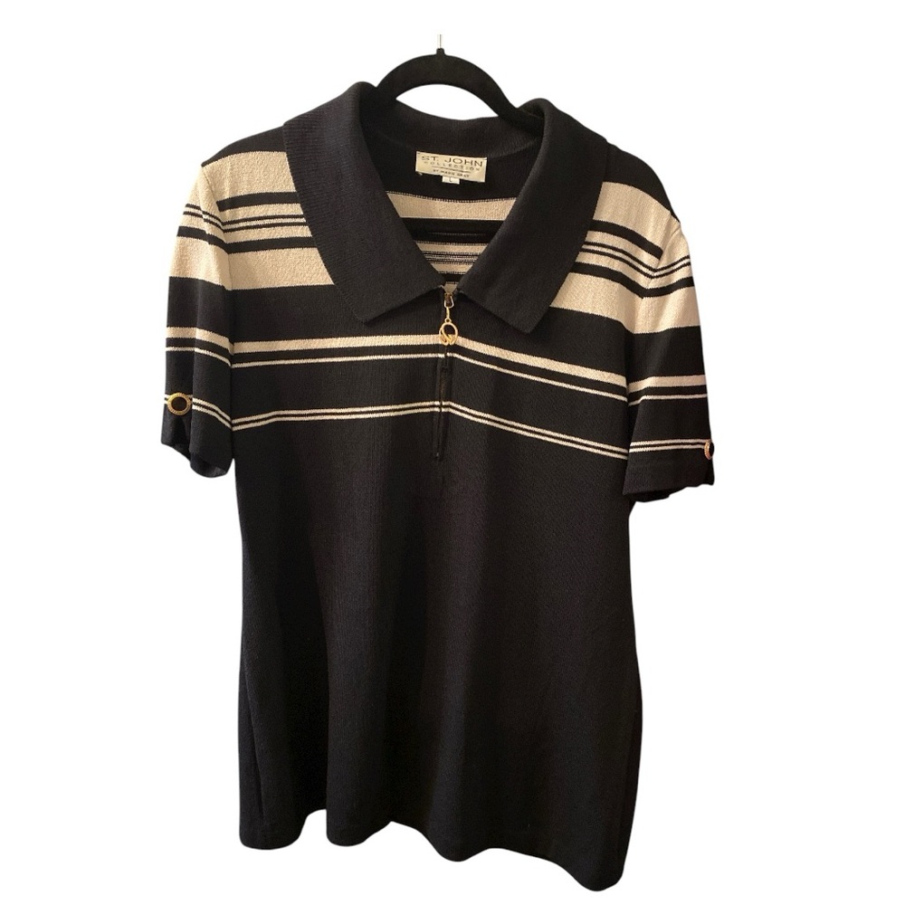 St John Collection Black & Cream Zippered Knit Polo Sweater Size Large